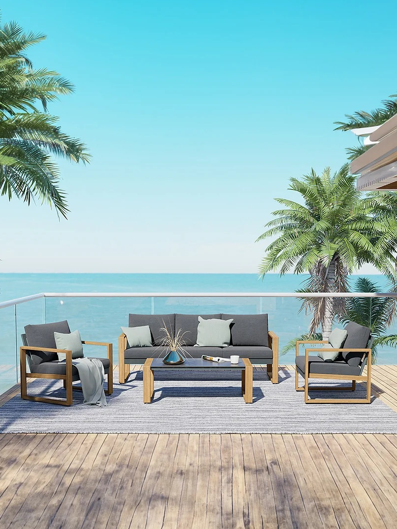 Make your patio an outdoor oasis with Grand Patio's 4-piece Duisburg conversation set! 🏝️ This chic aluminum set includes plush removable cushions and a center coffee table for effortless lounging with friends. #grandpatio #outdoorliving #conversationset #patiofurniture #aluminum #coffeetable