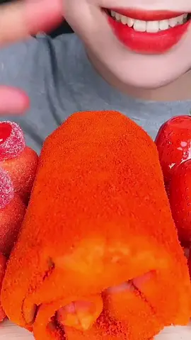Asmr red desserts edible lipstick spicy towel chocolate eating mukbang #tiktokfood #fyp #asmr #mukbang 