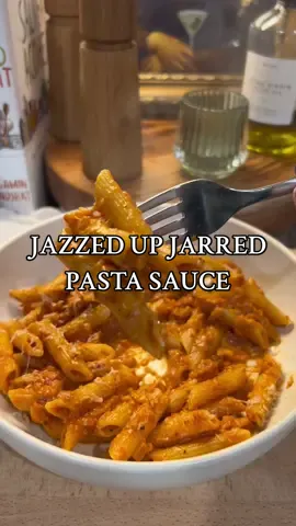 Ingredients: -1/2 onion, diced  -6 cloves of garlic, minced -2 tbsp olive oil -1 tbsp butter -1 jar pasta sauce  -1/2 cup pasta water -1/2-1 cup heavy cream (personal preference) -1/2 cup parmesan cheese -1 lb pasta -salt and pepper to taste Instructions: -Bring a pot of water to a boil. Don’t forget to salt your pasta water. -In a separate pan, sauté onions in olive oil over medium heat for about 5-7 minutes, until they really start to soften and look translucent. I salt them a little bit to help them sweat.  -Clear a space in your pan to add the butter and garlic at the same time. Sauté for another few minutes, stirring frequently so the garlic does not burn. -Add jar of sauce. Let simmer for about 5 minutes or so.  -Now is a good time to add your pasta to the boiling water. Cook according to package and don’t forget to reserve a little bit of pasta water before straining.  -Add the pasta water to the sauce and stir in.  -Add heavy cream to the sauce and stir until combined.  -Add your cooked pasta directly to the pan with the sauce and stir until everything is evenly coated.  -Top with some fresh parmesan, salt, pepper, and red pepper flakes if desired.  -Enjoy! #dinner #DinnerIdeas #dinnerrecipes #dinnerinspo #pasta #pastasauce #easypastarecipe #easypastarecipes #pastafordinner #cooking 