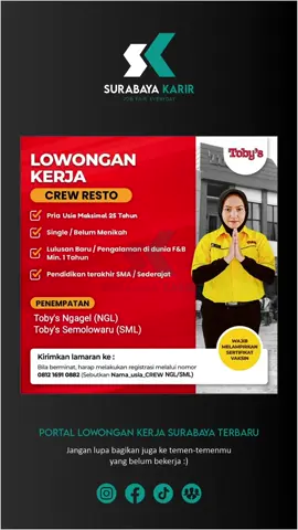 Dibuka lowongan kerja di Surabaya terbaru untuk posisi: CREW RESTO Yuk cus buruan lamar 🤗 Bagikan ke temen2mu yang belum bekerja 😁 #surabayakarir #lokersurabaya #lowongankerjasurabaya #lokersurabayaterbaru #lowongankerjasurabayaterbaru #lokersurabaya2024 #lokersidoarjo #lokergresik #jobfaireveryday
