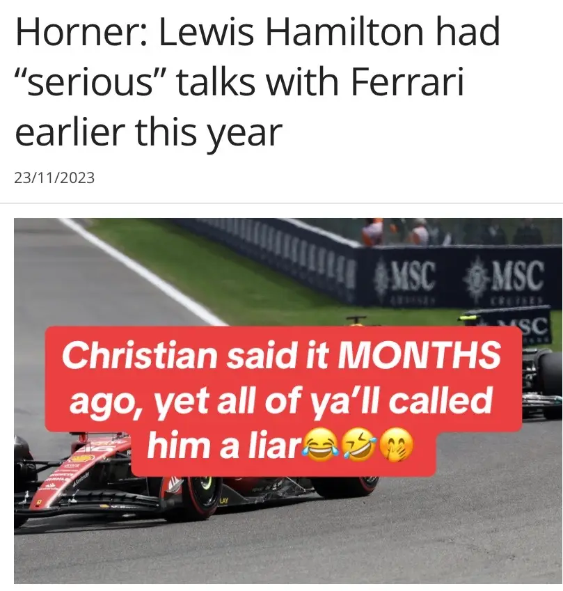 Turns out the liar was LH, not Christian. Everyone is always so quick to hate any anything RB related! #lewishamilton #hamilton #christianhorner #horner #mercedes #mercedesf1 #ferrari #ferrarif1 #f1 #f1news #formula1 