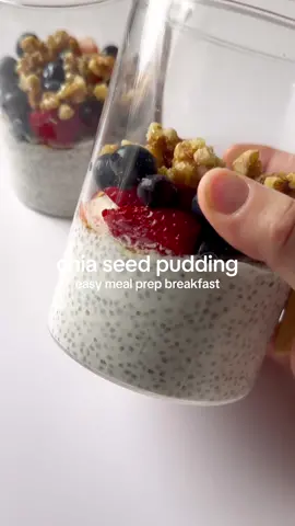 Make this CHIA SEED PUDDING for an easy meal prep breakfast ✨ If you’re nervous to try chia seed pudding because of the texture don’t be! I added yogurt and I feel like it helps a ton by making it creamy and adding more protein to keep you fuller longer. I find it easiest to mix this in a separate bowl then divide in however many containers you want for the week. This makes a good 2 servings for me but 4 servings if you’re making it as a small snack! 🤤  *Yields: 2-4 servings* Ingredients: - 1/4 cup chia seeds - 3/4 cup milk or plant milk - 2 TBSP honey or maple syrup - optional: 2 tsp vanilla extract - 1 cup Greek yogurt or thick coconut yogurt - berries and nuts for topping Directions: - in a large bowl, add the chia seeds, milk or plant milk, vanilla and maple syrup and mix well - set this in the fridge for 10-15 minutes so the chia seeds can absorb the liquid properly - take the bowl out and mix in the yogurt until well combined then add the pudding to 2-4 containers. You can leave it in the bowl too if you wish - refrigerate overnight and in the morning top with berries, nuts and even an extra drizzle of maple syrup if you like - store in the fridge for up to 5 days #chiaseeds #chiaseedpudding #highprotein #highproteinbreakfast #healthybreakfast #healthybreakfastideas #breakfastideas #mealprep #mealprepideas 