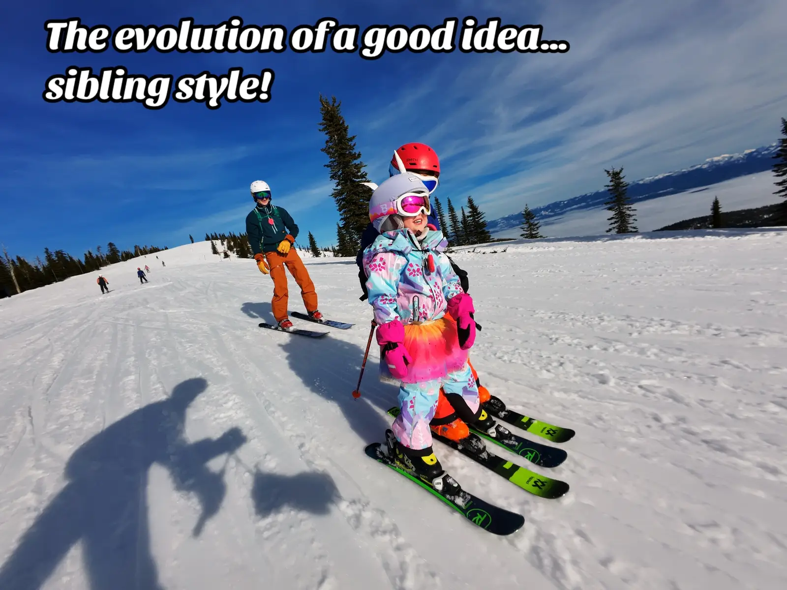 The evolution of a good idea… sibling style! ✨⚡️✨ “Let’s ski connected & wrestle at the same time!” - siblings Elliot & Emi #siblingshenanigans #siblinggoals❤️ #letthembekids #skifamily #ikonpass  P.S. ski safety… we let them do this on a wide open ski run with not a ton of skiers on it, and paused when a rush of skiers came through. The run was also pretty flat so the speed was slow. As we neared the cat track where trails merged we let them know it was time to stop. I’m all about letting kids be kids but I want to teach them ski safety as well! And model it.