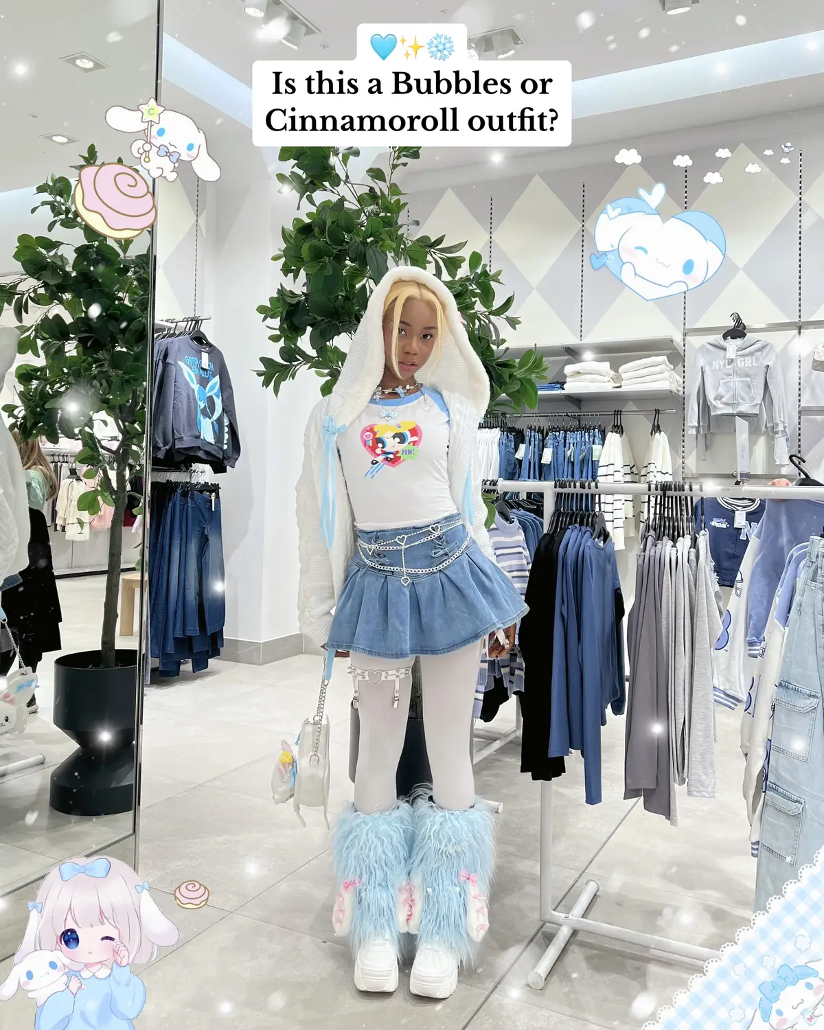 Cinnamoroll or Bubbles…👀🩵 #cinnamoroll #bubblespowerpuff #blueoutfit #cuteoutfits #cuteoutfitinspo #harajukufashion #jfashion 