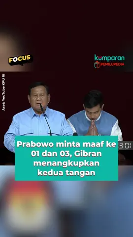 Dalam sesi penutup debat kelima Pilpres 2024, Minggu (4/2), Capres 02, Prabowo, didampingi Cawapres 02, Gibran, sempat menyampaikan permintaan maafnya ke sejumlah pihak, termasuk kedua pasangan capres-cawapres yang lain, Anies-Cak Imin dan Ganjar-Mahfud. Di momen itu, Gibran pun sempat menangkupkan tangannya di depan dada. Bagaimana momen keduanya? 📸: Dok. YouTube KPU RI. Saksikan live streaming debat capres di YouTube kumparan, atau klik link kum.pr/debatpemilu5 di bio. #pemilupedia #focus #debatkelima #news #svt #pilpres2024 #debat #capres #cawapres #kumparan #salingjaga