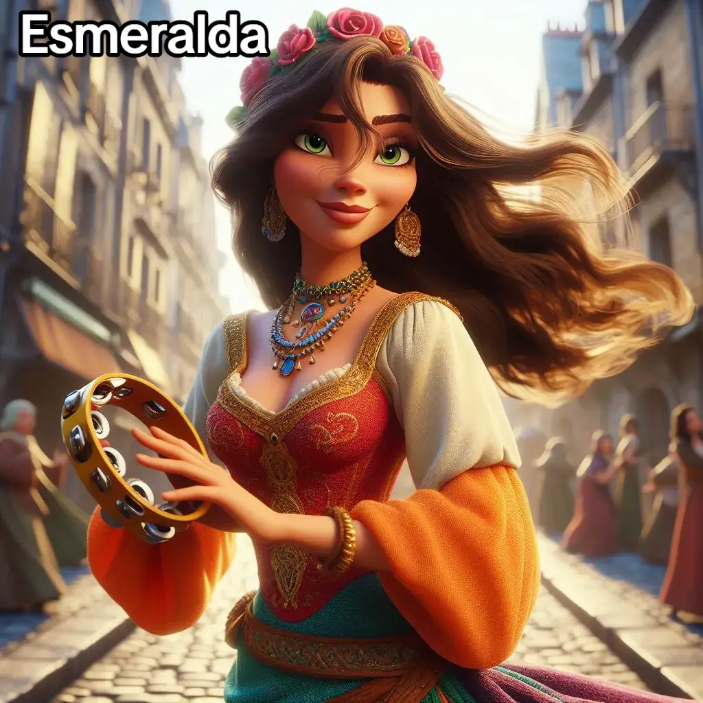 Esmeralda from the Hunchback of Notre Dame, dances on the street of medeval Paris, gypsy beauty #aiart #disneyai #esmeralda #aicharacter #disneyprincess 