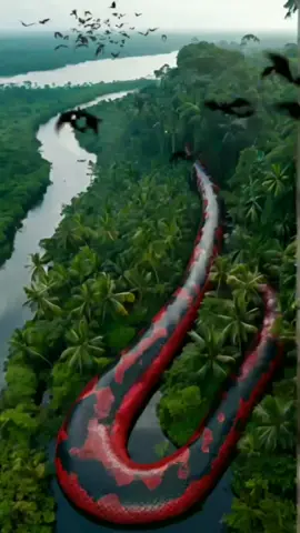 prompt : Top down aerial shot looking down at a [an giant largest body snake with red glass crystal skin details large snake scales] in a [rainforest river view amazon lot a coconut tree][body extends long ] --v 6.0 --style raw. aerial national geographic shot. UltraHD. 8K #ular #ularbesar #ularfalak #ularraksasa #ulartiktok #rainforest #river #Animal #AI #amazon #scenery #sceneryvideos #beautifulscenery #pyton #anaconda #titanoboa #nature #nationalgeographic #natgeo 