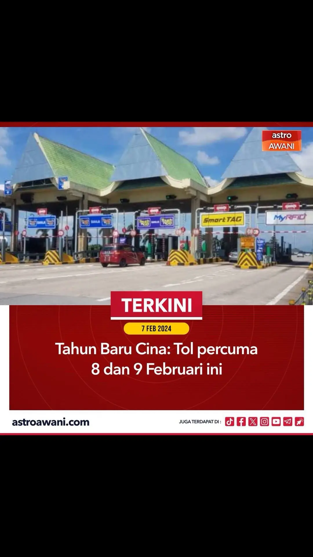 Kerajaan bersetuju untuk memberikan tol percuma kepada kenderaan kelas 1 (kenderaan persendirian) bersempena dengan perayaan Tahun Baru Cina, pada 8 dan 9 Februari ini. Menurut Menteri Kerja Raya, Datuk Seri Alexander Nanta Linggi, pemberian tol percuma akan dilaksanakan di kesemua lebih raya bermula jam 12.01 tengah malam pada 8 Februari (Jumaat) dan akan berakhir pada jam 11.59 malam, 9 Februari (Sabtu). #AWANInews