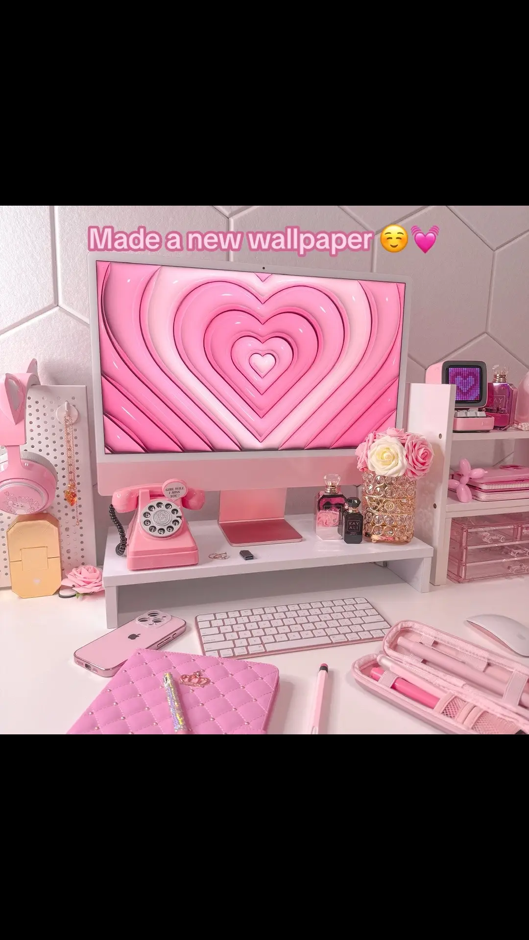 I made a new wallpaper for my pink iMac. ☺️ I turned my repeating hearts wallpaper into 3D!  Hope everyone has a good day! 💗 #pink #pinkdesksetup #pinkimac #pinkipad #desksetup i think i like when it rains...