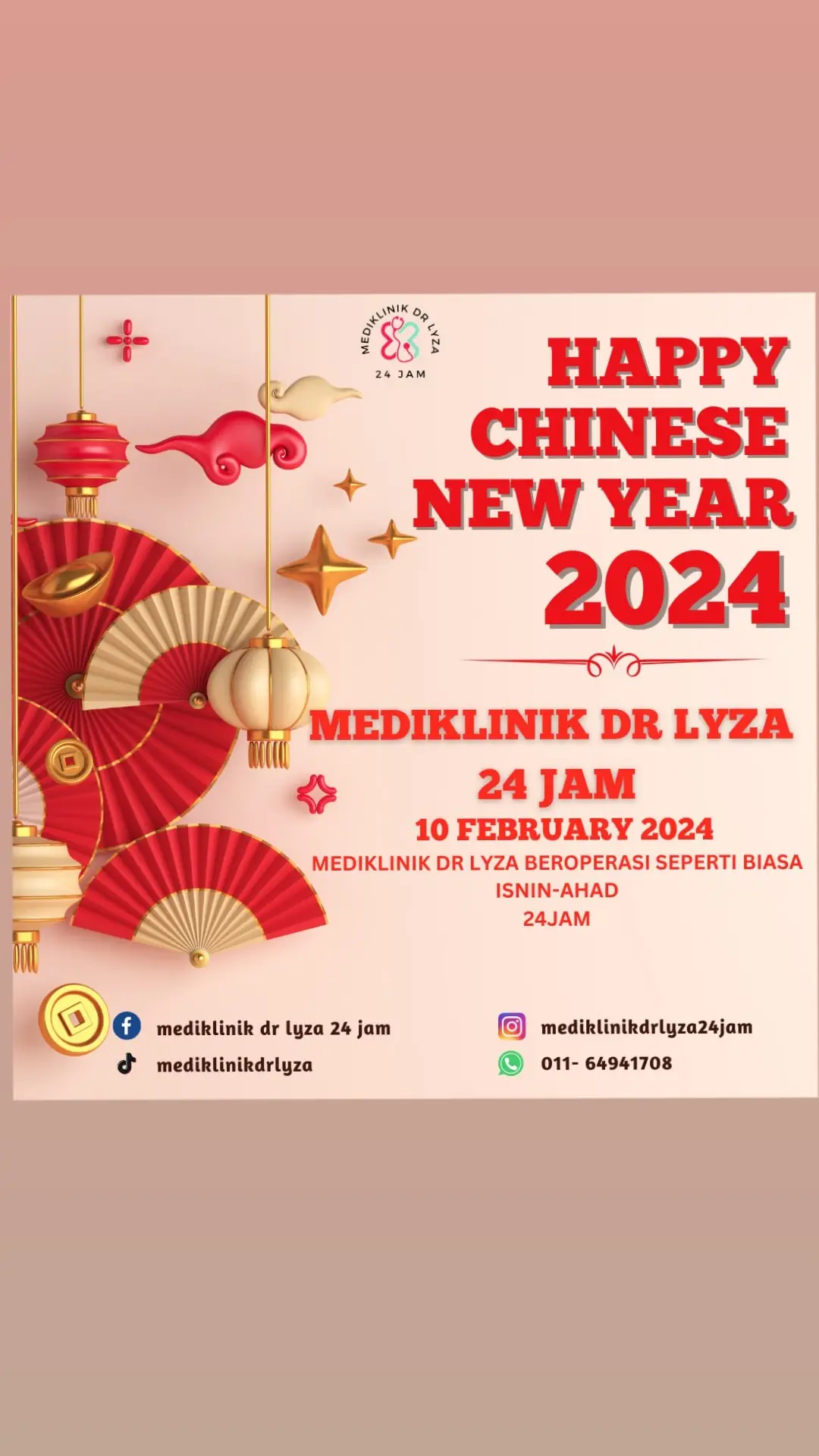 Selamat sejahtera warga Muar!  Kami dari Mediklinik Dr Lyza ingin mengucapkan HAPPY CHINESE NEW YEAR 2024 🎊 Klinik beroperasi seperti biasa. Antara servis dan perkhidmatan yang kami sediakan :  🌷 Ultrasound  🌷 Pap Smear  🌷 Medical Check Up  🌷 Buka Buku Pink  🌷 Check Kuning Bayi  🌷 Suntikan Vaksin  Anda boleh walk-in ke klinik atau hubungi kami untuk temujanji 🥰 