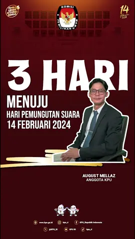 #TemanPemilih, 3 hari lagi kita menuju Pemilu Serentak 2024 di tanggal 14 Februari 2024.  Yuk simak pesan Anggota KPU August Mellaz untuk Pemilu Serentak 2024. #KPUMelayani #PemiluSerentak2024 
