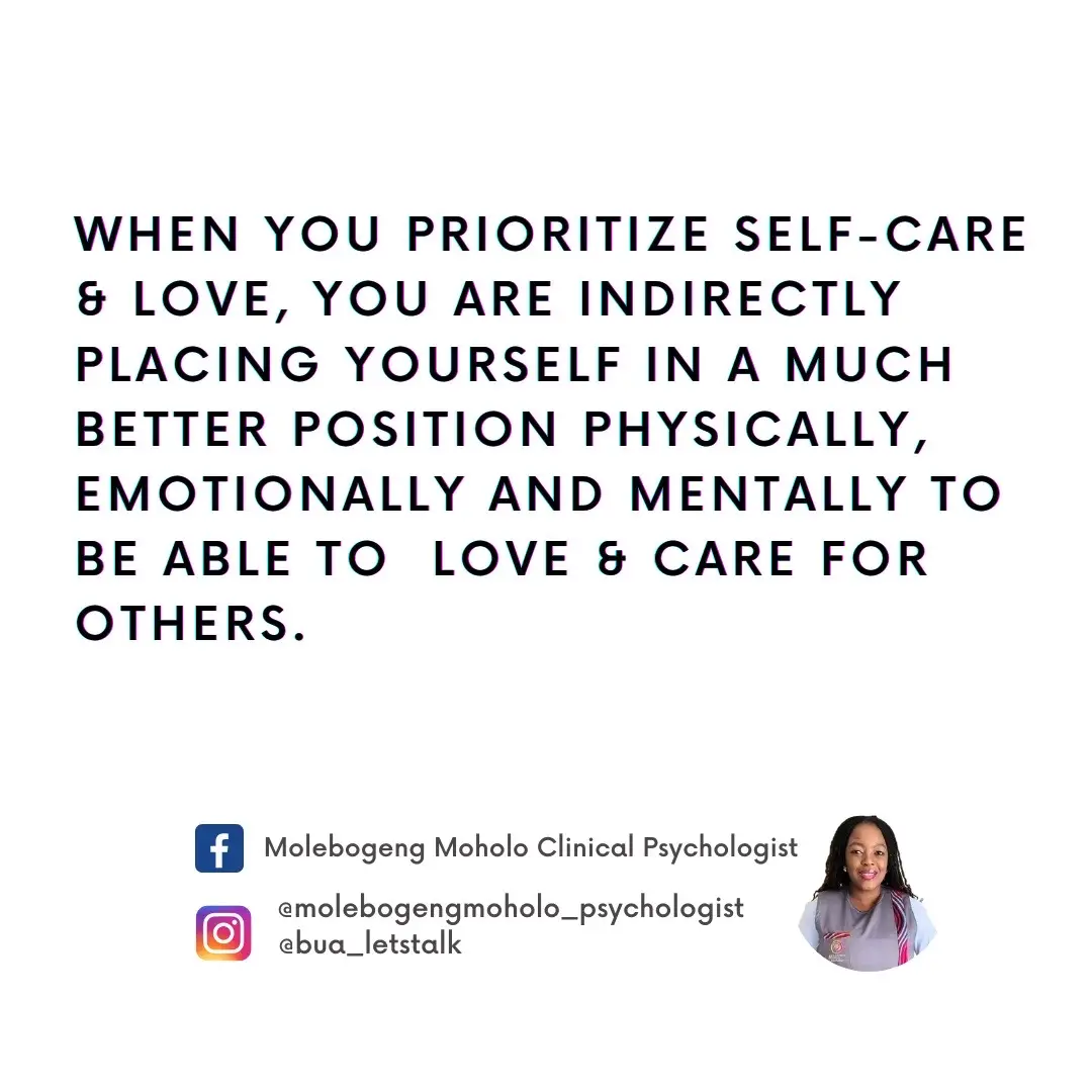 A common myth is that self-care and love is synonymous to selfishness and over indulgence, as such there is often some guilt associated with such. Such guilt may furthermore result in self neglect and going the extra mile for everyone else but yourself thus consequently resulting in a compromised version of yourself! Reality is that self-care is more than just indulgence nor is it selfishness. It is an act of being able to prioritize your physical, emotional, mental and spiritual functioning ; the result of which is overall well-being & functioning. In addition , the potential for improved relationships as you will be in a better position to love and care for others. #selfcarematters #mentalhealthmatters #mentalwellbeing #MentalHealthAwareness