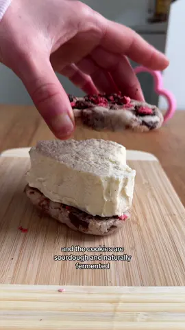 Heart shaped sourdough cookie ice cream sandwich for VDAY! ILY! 💘 strawberry chocolate chunk sourdough cookies #ValentinesDay #cookies #sourdough #icecreamsandwich #icecream 