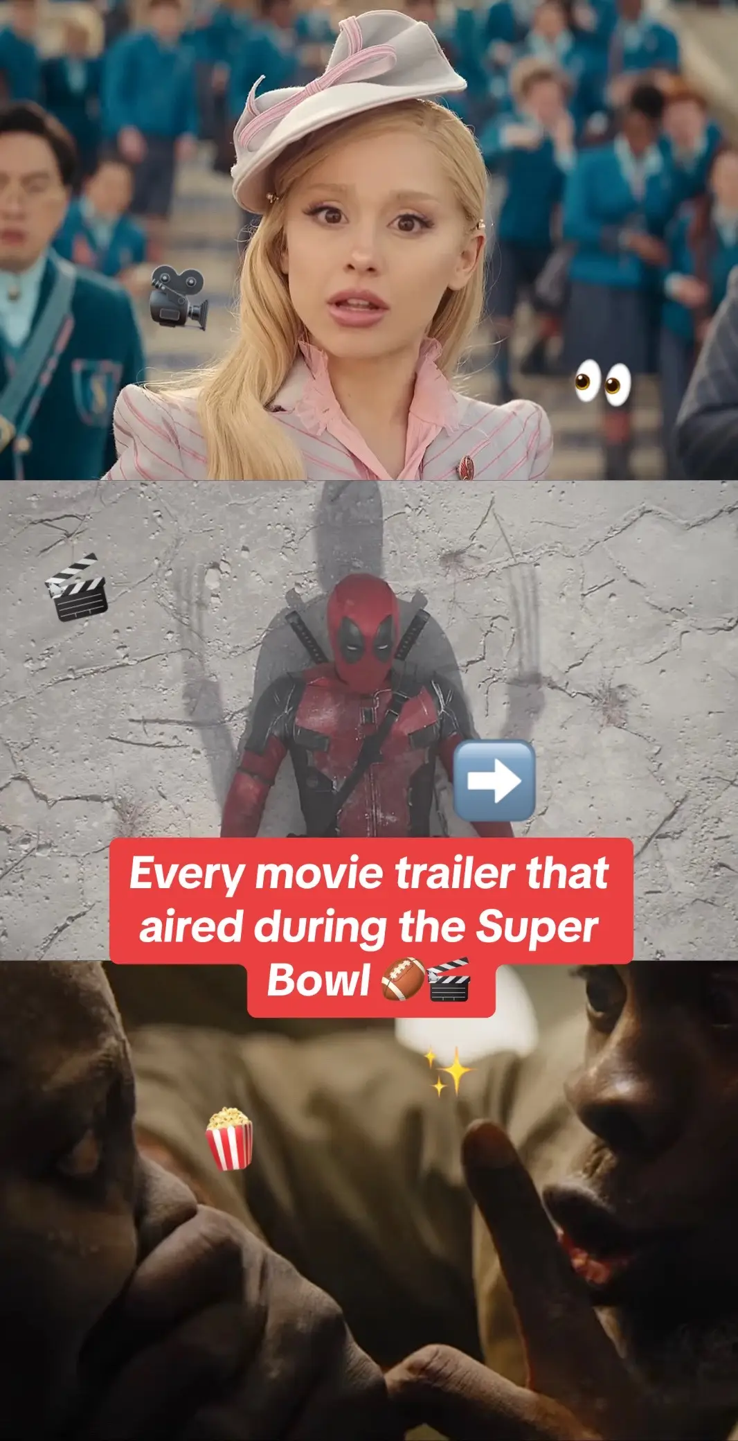 We’re being fed this year. 🤭 Here’s every movie trailer that premiered during the @NFL #SuperBowl. Congrats, Chiefs. 🫡 #superbowl #deadpool #wicked #twisters #planetoftheapes #if #aquietplace #thefallguy #monkeyman #filmtok #movietok #movienews @Universal Pictures @Marvel Studios @20th Century Studios @Paramount Pictures #fyp #foryoupage  