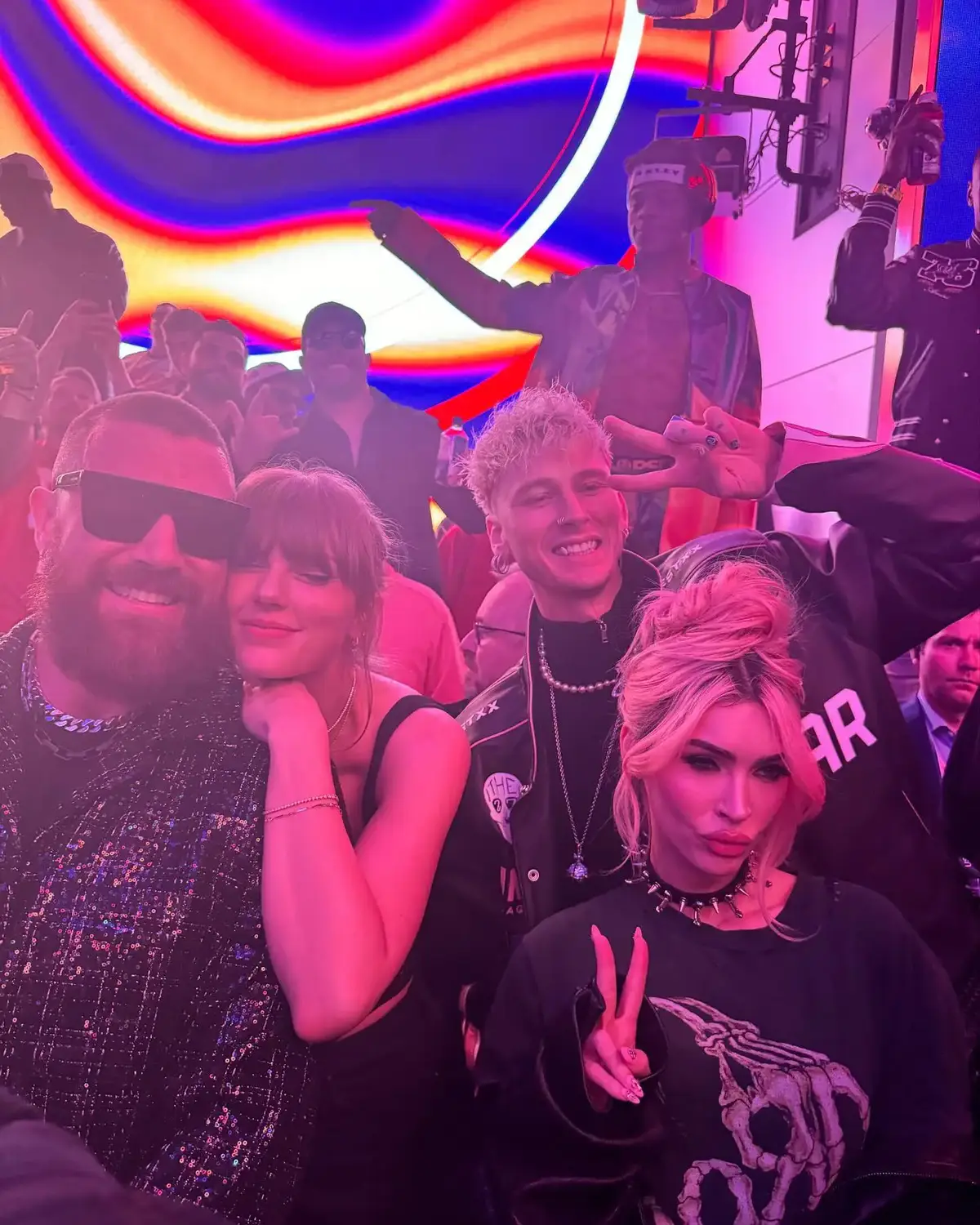 mgk, megan fox, taylor swift, and travis kelce at the chiefs after party 💞 #machinegunkelly #mgk #colsonbaker #taylorswift #SuperBowl #traviskelce #jellyroll  📝: machine gun kelly, jelly roll, lil jon, tech n9ne