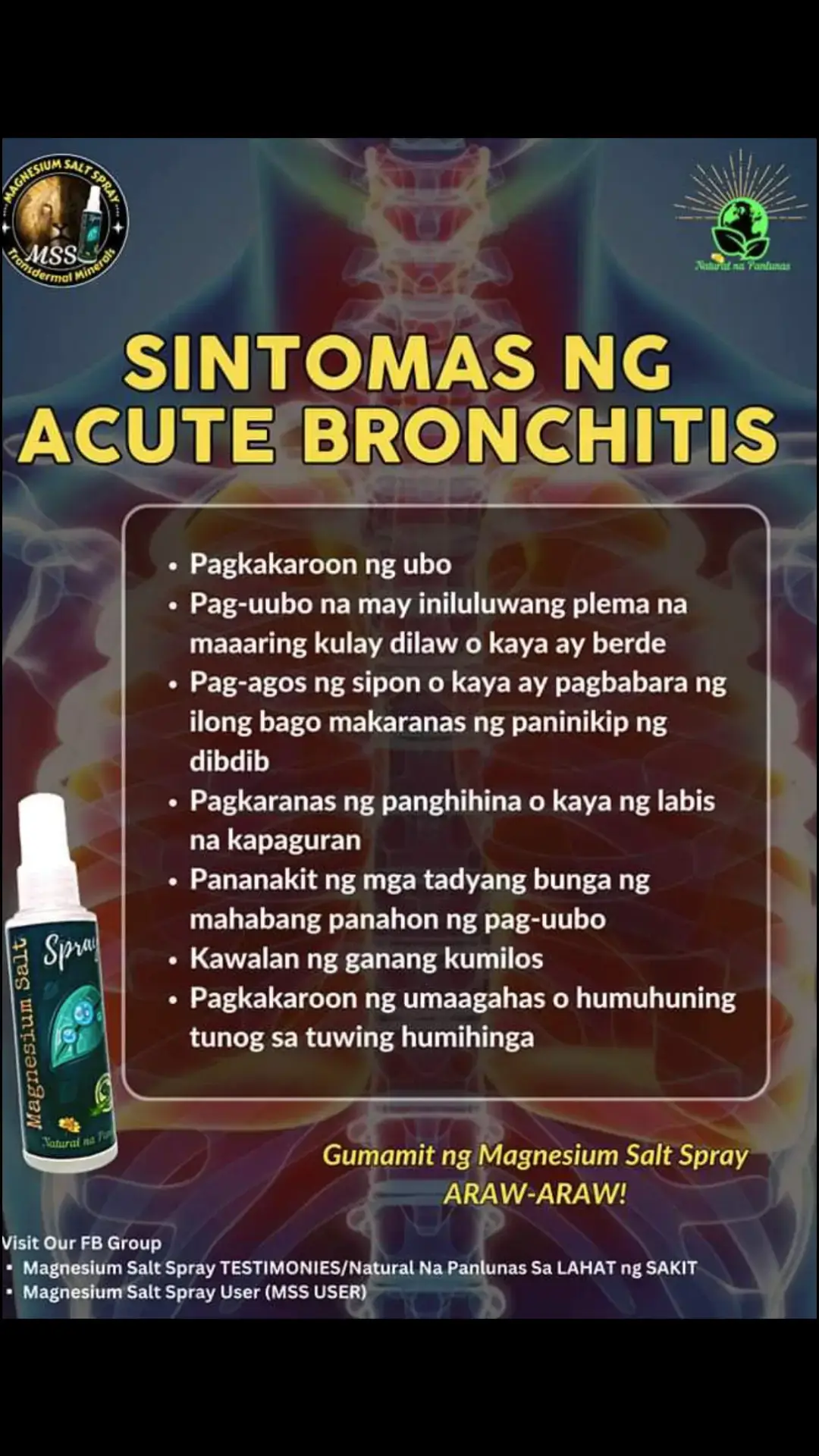 Ang Magnesium ay kailangan para sa lahat ng mga function ng katawan. Kailangan natin ng magnesium para sa pag-activate ng enzyme, paggawa ng enerhiya, pag-andar ng cell membrane, suporta sa istruktura, pag-urong ng kalamnan, pagkontrol sa presyon ng dugo at marami pang iba. Paano gamitin ang MSS  Sprayhan ang mga sumusunod: -Kahabaan ng Spinal mula batok hanggang puwetan -kilikili -talampakan -pusod -at apektadong parte na may problema #MSS #MAGNESIUMsaltSPRAY #NATURALnaPANLUNAS #magnesiumdeficiency #magnesiumbenefits #naturalnapanlunasadvocate #minerals #allinone #transdermalmineralsupplement #sprayatpahidlanggagalingkana #health #miraclespray #acutebronchitis 