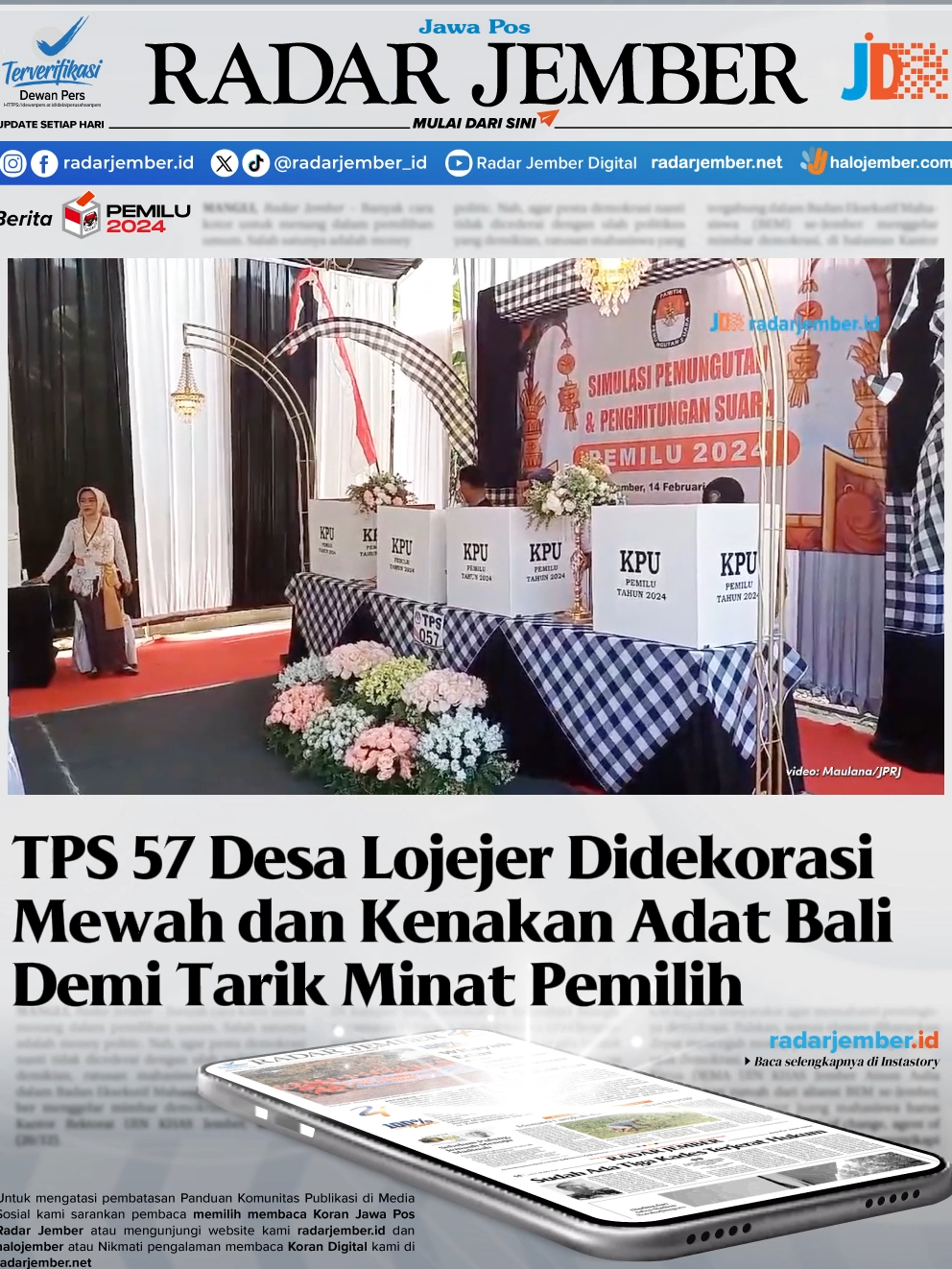 Pemungutan suara Pemilu 2024 ini menjadi kesempatan setiap masyarakat menyalurkan hak pilihnya. Tak jarang tempat pemungutan suara (TPS) didesain sedemikian rupa demi menarik minat masyarakat untuk memilih. Seperti yang ada di TPS 57, Dusun Kepel, RT 005/RW 004, Desa Lojejer, Kecamatan Wuluhan, kemarin (14/2). TPS ini didesain dengan dekorasi cukup mewah, lengkap dengan berbagai ornamen khas Bali. Seperti janur, sarung yang khas dengan warna hitam putih, payung, dan beberapa lainnya. Seolah sedang ada hajatan besar, ukuran tendanya juga cukup lega. Dilengkapi sejumlah alat pendingin, dilapisi alas karpet, lampu hias, bunga-bunga, dan hiasan di balik bilik suara yang mirip seperti tempat pelaminan. Untuk melengkapinya, para anggota KPPS yang bertugas pun kompak mengenakan kostum atau pakaian adat Bali. #tiktokberita