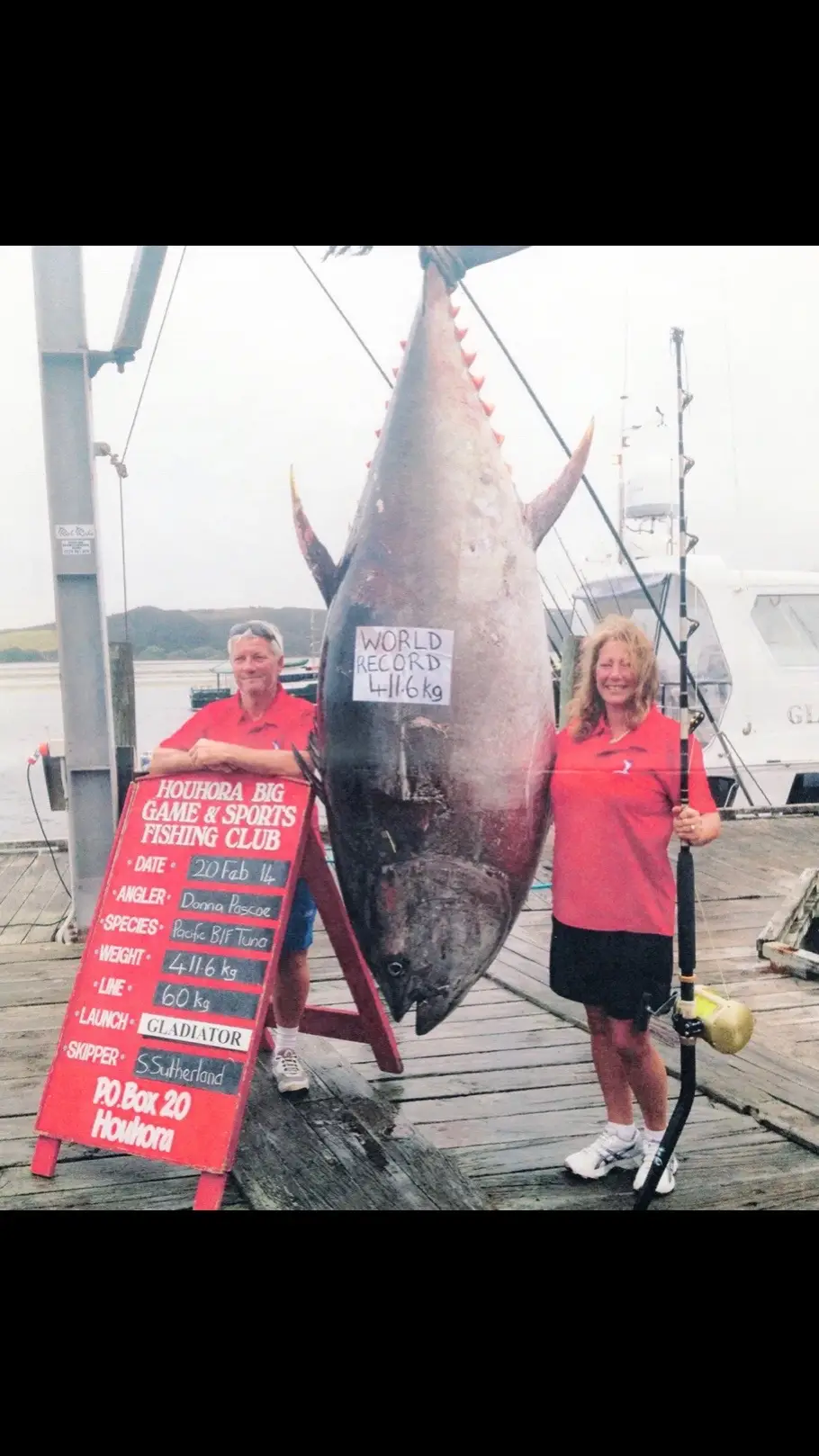 Donna Pascoe is the all-tackle record holder with a 907-pound, 6-ounce Pacific bluefin caught Feb. 19, 2014 off Three Kings, New Zealand on the Gladiator. Pascoe’s tuna was 144.49 inches long with a 42-inch girth. Pascoe used a Kilwell rod, Shimano reel and 130-pound Momoi line to catch the bluefin. The big tuna hit a skipjack tuna used as bait. Aclassic!!  #fishing #fish #fishinglife #bluewater #nature  #fishingislife #angler #fisherman #fishingtrip #tuna #fishingaddict #bigfish  #saltwaterfishing #fishingdaily #fishon #sea #aclassic #diehard #diehardfisho #worldrecord #record 