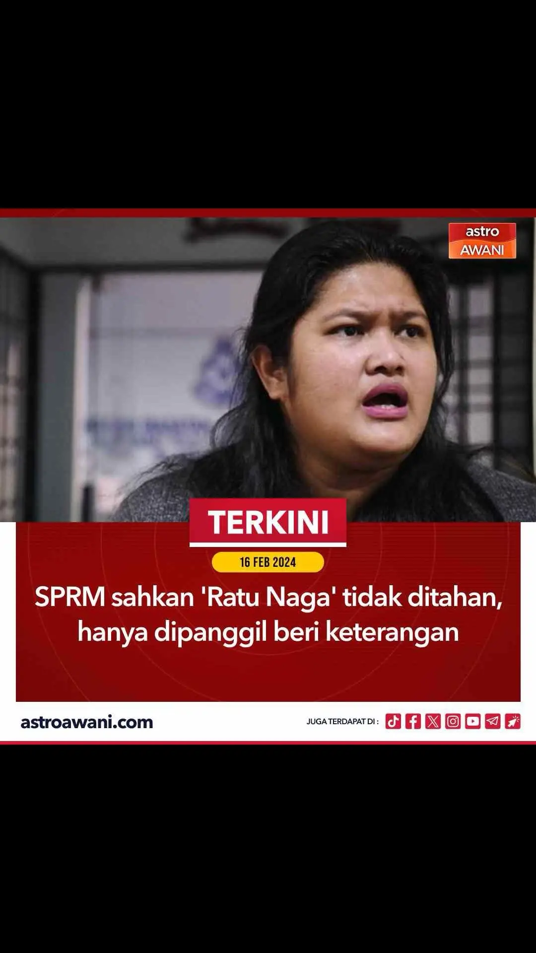 Penyedia kandungan media sosial Syarul Ema Rena Abu Samah, atau lebih dikenali sebagai Ratu Naga, tidak ditahan sebaliknya dipanggil untuk memberi keterangan oleh Suruhanjaya Pencegahan Rasuah Malaysia (SPRM) hari ini. Ketua Pesuruhjaya SPRM Tan Sri Azam Baki berkata aktivis politik itu disiasat berhubung dakwaan wanita itu menerima beberapa peratus hasil kutipan sumbangan yang diberikan kepada sebuah badan bukan kerajaan. 