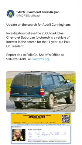 BREAKING NEWS 🚨 TEXAS DPS IDENTIFIES VEHICLE OF INTEREST IN SEARCH FOR MISSING LIVINGSTON GIRL TAG US TO BE FEATURED.  #bestfoodhouston #htxeats #htxfoodie #houstonfood #houstontx #houston #htx #texas #htown #houstontexas #houstonfood  #houstonphotographer #houstonlife #katytx #houstonfoodie #houstonnightlife #houstonevents  #houstoneats #houstonart #downtownhouston  #houstonmodels #houstonartist #houstonmusic #houstoncity #houstonhair #houstontips 