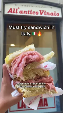📍All’antico Vinaio located in Italy & the US 🇮🇹🇺🇸 @All’Antico Vinaio  La Favolosa (Tuscan salami, spicy marinated eggplant, pecorino, & artichoke creams): 7 euros 🥪 I came here right when they opened so luckily there was no line ☺️. The schiacciata bread they use is nice and light with the perfect crunch and they are definitely generous with packing a ton of meat inside 😍. Always a must-have every time I’m back in Italy 💯! ⏰ Open daily 10am-10pm — #allanticovinaio #milanoitaly #firenze #florence #milan #foodtiktok #foodtiktoker #foodguide #Foodie #fyp #foodietiktok 