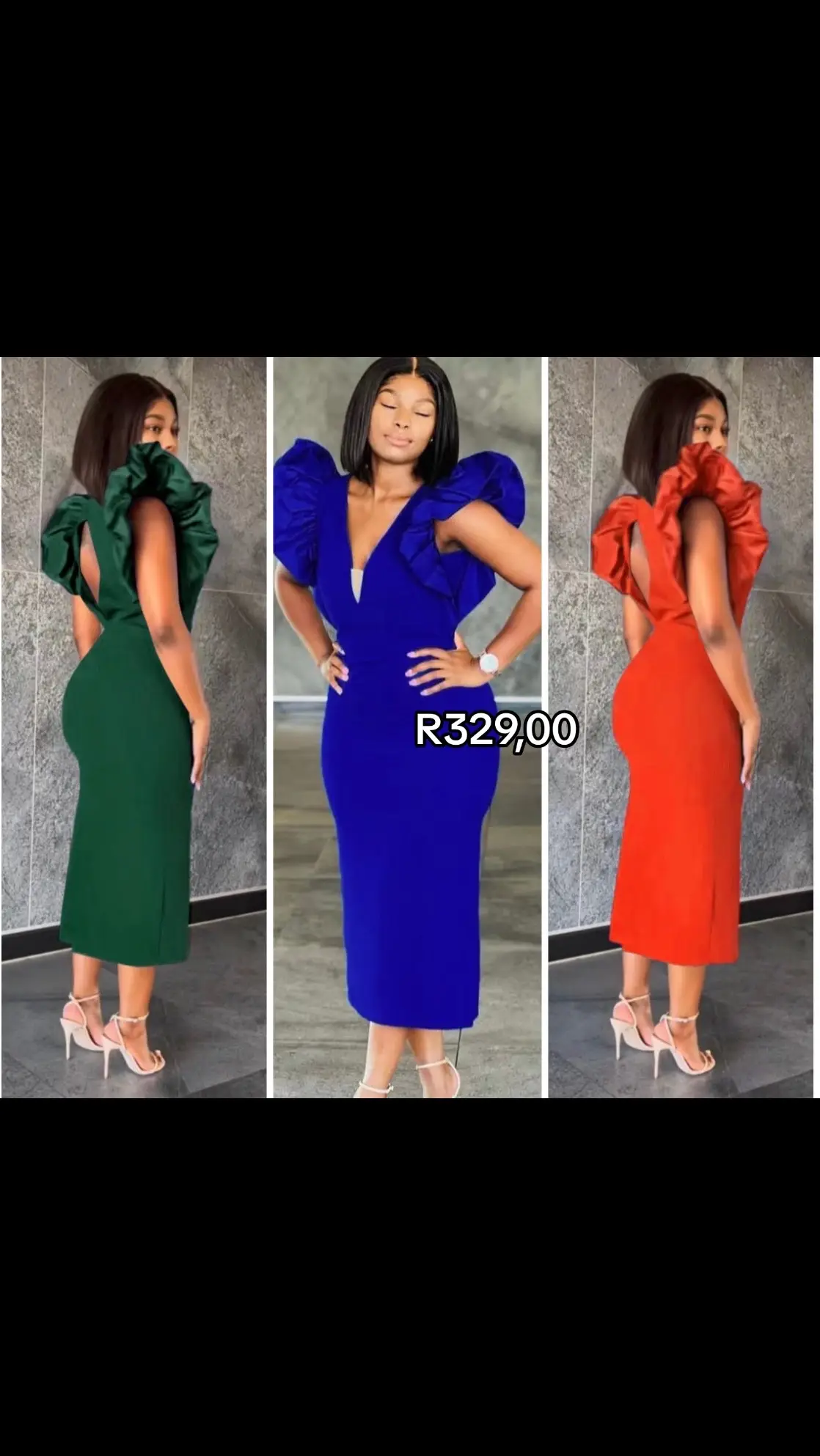 Formal/Elegant Dress is available: •Colours: Dark blue, Orange and green •Price: R329,00 •size: S-2XL WhatsApp: 0694722035 to purchase 