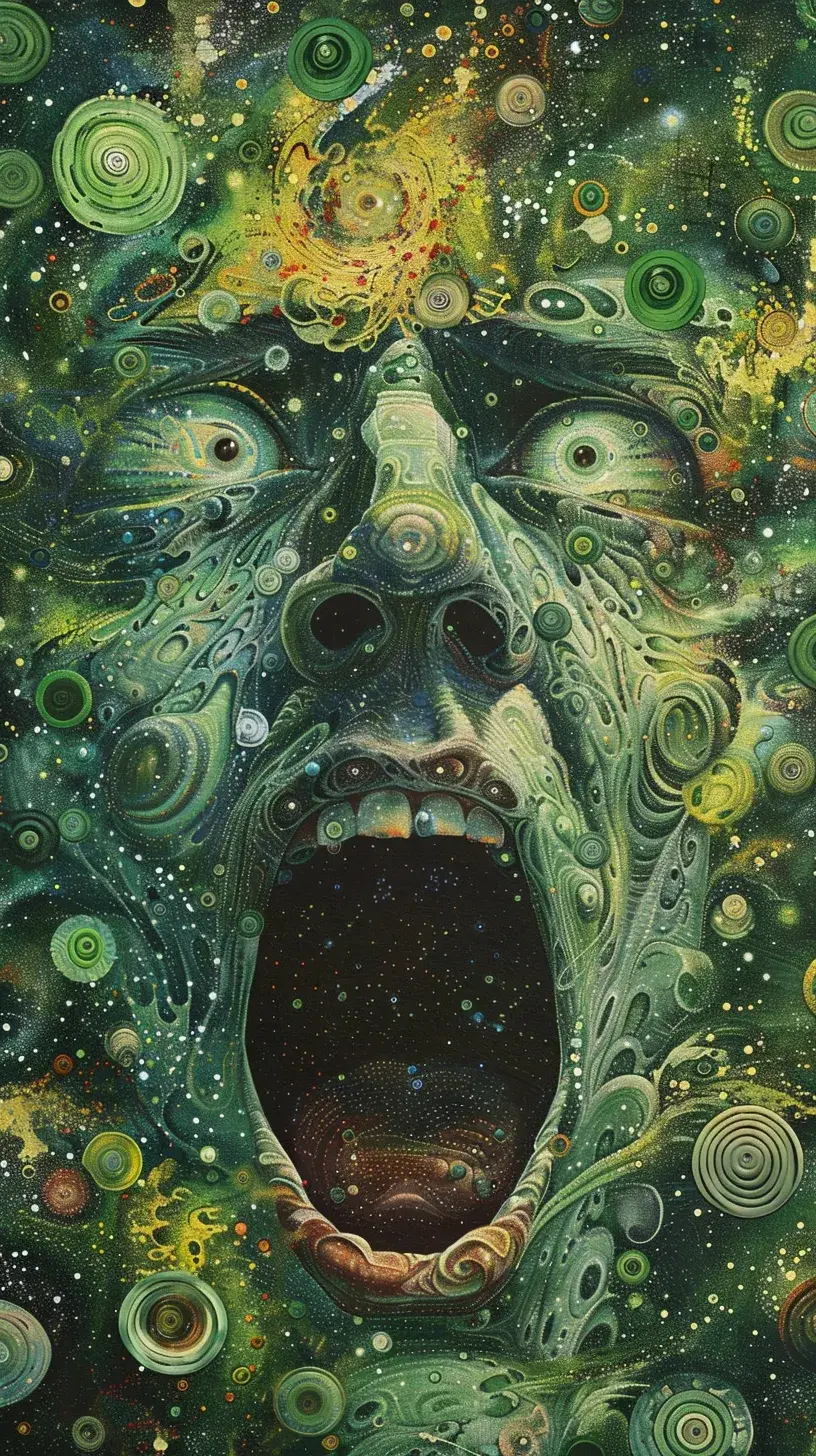 A visage of anguish emerges from small green textured circles, each one a silent scream. Within the gaping mouth, a galactic star field swirls, echoing the depths of cosmic turmoil. A haunting portrayal of inner turmoil amidst the vast expanse# of the universe. --ar 9:16 --v 6.0 #ethicalai #artificialintelligenceart #aiart #creativeinspiration #abstractart #midjourneyart #face