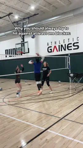 The short answer is… because it’s more realistic!  You’ll rarely ever hit against zero blockers in a game, so why wouldn’t you practice hitting against a blocker as much as possible? Not to mention, it’ll also be great blocking practice for whoever is on the other side of the net from you. The next time you and your setter want to run through a couple hitting lines, ask another teammate to join you so you can challenge yourself to hit around the block! #volleyball #hitting 