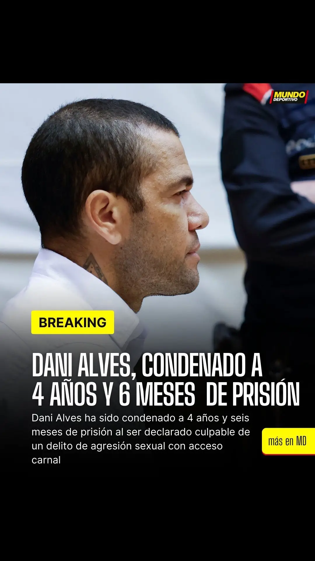 🚨 𝐔́𝐋𝐓𝐈𝐌𝐀 𝐇𝐎𝐑𝐀 🚨 ⚠️ Dani Alves ha sido condenado a 4 años y seis meses de prisión al ser declarado culpable de un delito de agresión sexual con acceso carnal. Tras más de 10 días de espera, este jueves día 22 de febrero se ha conocido la decisión final de la sección 21 de la Audiencia Provincial de Barcelona, que considera que el futbolista sí incurrió en este delito la noche del 30 de diciembre de 2022 en la discoteca Sutton. #danialves #danielalves #alves #noticias #casoalves #ultimahora 