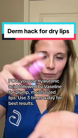 Hyaluronic acid serum pulls water into the very thin lip skin and then the vaseline prevents evaporative water loss by occluded the skin barrier. Best results are when used 3 times a day, but I’ll be honest, I rarely remember to do it twice a day 😂 #hyaluronicacid #skincarehacks #skincare #lipcare #drylips #dermatologist 