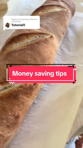 Replying to @Courtney Alexis money saving tip sunday and bread tutorial!      3 cups bread flour.                                 1 teaspoon salt.( Combine and mix).       1 1/4 cups of warm water.                       1 teaspoon active dry yeast and a little bit of honey. Combine these 3 together and let it rise for 10 mins.     Combine flour and water until dough is not sticky. Mold the bread as you please. I made baguettes today and i let them rise for 20-30 mins while my oven gets to 450 degrees. Put oven temperature down to 430 and put the bread inside quickly. Add some cold water and a bit of ice in a cooking sheet at the bottom of the oven to create some steam. Let them cook for 20-25 mins.                      Money saving tip : out of a 5 lbs bag i make 4 batches of 2 baguettes. Much cheaper than buying bread from store and much healtier!               #moneysavingtips #moneysaving #bread #breadtutorial #howtosavemoney #workingmom #momhacks #momlifevibes 