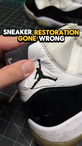Cant believe this happened… A customer sent these in and needless to say, they are absolutely ruined! 🚮 The leather on both shoes are peeling off like a banana 🍌 , the midsoles and soles looked like they were taped up and now have some bad residue all over them ❌, and the soles and midsoles are separating. 🏴‍☠️ Great thing for me is, I’m only unyellowing the soles! 😮‍💨 But I wish I could’ve properly restored these before this botched restoration was even attempted.  So just remember guys, if you don’t know what you’re doing, just ask for help! Or better yet let a professional handle them so you don’t risk damaging your shoes like this! 🙋🏽‍♂️ #sneakers #sneakerrestoration #restoration 