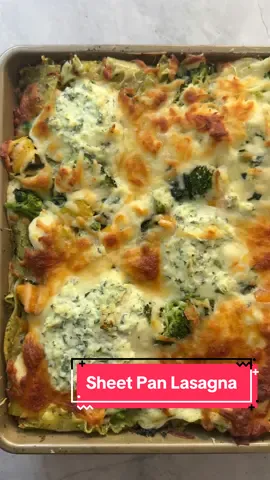 What’s better than lasagna???? White Sheet Pan Veggie Lasagna Recipe Below. #vegetarian #EasyRecipe #sheetpandinner   Ingredients 1 cup frozen broccoli, defrosted 1 cup frozen peas, defrosted 1 cup frozen spinach, defrosted 1 cup frozen butternut squash, defrosted 6 tbsp butter, room temp 3/4 cup all-purpose flour 4 cups milk, room temp 1 1/2  tsp salt 1/2 tsp pepper 1/4 tsp nutmeg 3/4 cup grated Parmigiano Regianno 15 ounces ricotta 3 tbsp parsley 1 lb lasagna sheets broken into 3 inch pieces 3/4 cup pesto (homemade or store bought) 8 ounces low moisture shredded mozzarella   Instructions -Preheat oven to 400F Drain water from defrosted frozen veggies and set aside. -Time to make the bechamel sauce. In a large sauce pan, melt butter over medium heat. Once the butter has melted and begins to bubble, add flour and whisk until combined. Continue to cook the mixture for 2 more minutes, whisking occasionally. -Slowly add milk, whisking as you add it. -Add salt, pepper and nutmeg. Continue to cook the bechamel until it is thickens to the consistency shown in the video then remove from heat and set aside. -To a small bowl add ricotta, 1/4 cup grated parm, 1/2 tsp salt and parsley. Mix well and set aside. -Bring a large pot of salted water to boil. Add lasagna noodles and cook until al dente. Drain the pasta of all the water, add the pasta back to the post and immediately mix in the pesto sauce. -Lightly grease  a 12 x 17 pan with 1 tbsp olive oil. Add 1/2 the bechamel sauce to the greased pan and use a spatula to evenly spread the sauce to cover the pan. -Next evenly distribute the pesto lasagna noodles, followed by the all of the veggies. -Add dollops of the the remaining bechamel sauce and use the spatula to spread it over the veggies. -Top with remaining 1/2 cup grated parm, all the shredded mozzarella and dollops of the ricotta mixture. -Bake on middle rack for 30 minutes.  