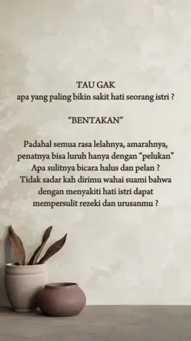 Apa sulitnya bicara halus dan pelan ? Apakah dengan bentakan membuat istri semakin takut ? Justru dengan bentakan akan membuat istri lebih keras… #tentangistri #tentangsuami #suamiistri #suamipekadong #rumahtangga #ceritahatiwanita #istrimurezekimu #reminder #selfreminderquotes #kehidupanrumahtangga #pasangansuamiistri #rumahtanggabahagia #rumahtanggaharmonis #fypシ #masukberanda 