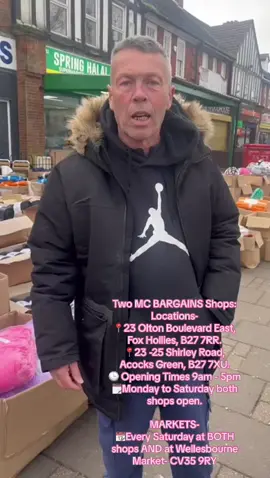 Two MC BARGAINS Shops: Locations- 📍23 Olton Boulevard East, Fox Hollies, B27 7RR.  📍23 -25 Shirley Road, Acocks Green, B27 7XU. 🕒 Opening Times 9am - 5pm 🗓️Monday to Saturday both shops open.  MARKETS-  📆Every Saturday at BOTH shops AND at Wellesbourne Market- CV35 9RY #fyp #mcbargain #goodmorning #markets #birmingham #clearance #2024 #acocksgreenbirmingham #happycustomers #deals #lastminuteshopping #bargains #bedsheets #wellesbournemarket #dealsfinder #discountshopping #fashion #sale #worldbookday 