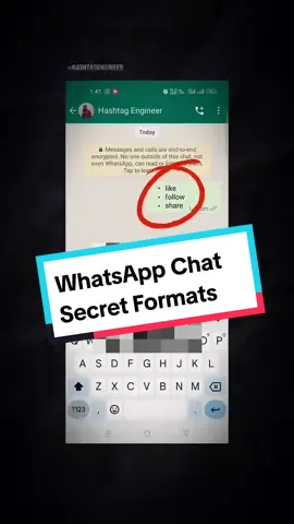 WhatsApp Chat Secret Formats 💯🔥 #whatsapp #whatsappchat #whatsapptips #whatsapptricks #tech #tipsandtricks #fyp #foryou #foryoupage #viral #engineer #hashtagengineer 