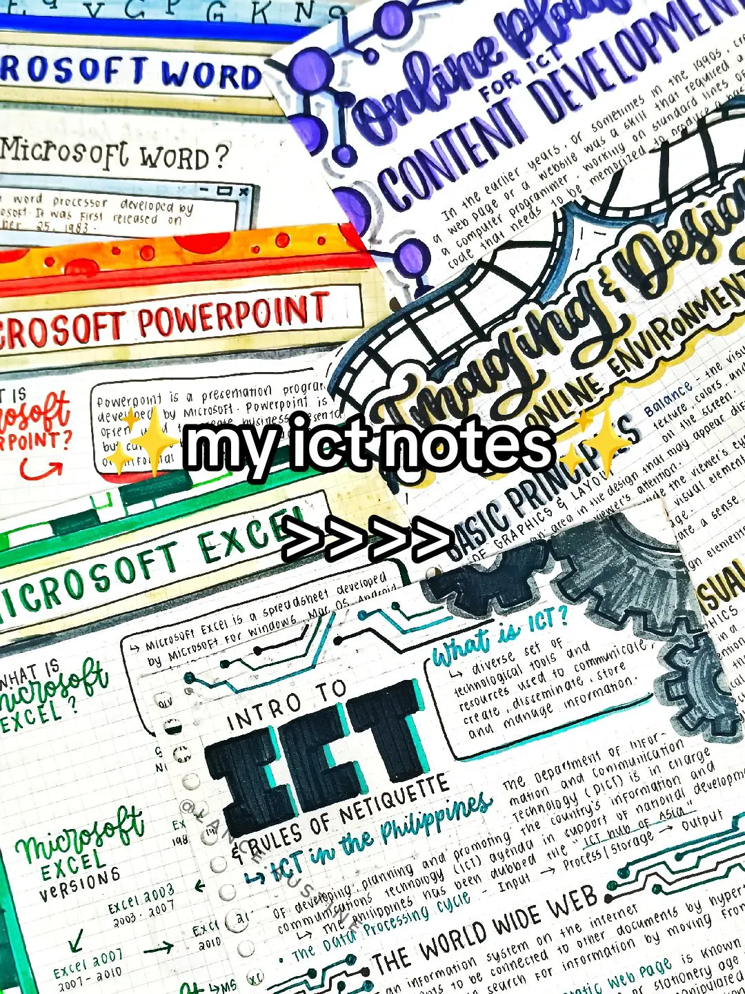 many people are reaching out asking for me to post my ict notes cause they've seen glimpses of them on my videos but i never posted them as photos so here you go!^^ #notes #headerideas #handwriting #calligraphy #stationery #stationeryaddict #brushpen #ict #aestheticnotes #notebook #viral #fypp 