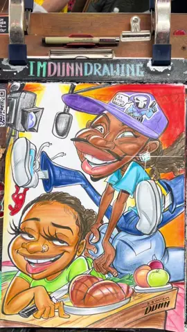 I did this one while I was in Miami working at Santas, enchanted Forest. Talk about an entertaining couple! From the moment they started waiting in my line, they were already a blast. Because of this, I wanted to throw as much of their personalities in this as possible. Hence the overly active caricature 😂.  When they sat for me, I immediately zoomed in on the skeletor and panthor pins he had on his hat! Naturally, I showered him with compliments on his good taste, and as a reward, he gifted me those pens! They are currently on my backpack. And if you’ve ever seen my backpack, you know what a big deal it is.  The theme: during our pre-Sketch conversation, I discovered they were into film, and cooking! The idea of them having their own show like “cooking with an edge”, came to mind. And of course, that’s what I went with. I also thought of throwing in a punisher, skeletor mashup on his hat would be fun.  Their reaction, and the reaction of the crowd around us, made all the extra work worth it! Thank you guys, so much for sitting for me, and nerding out with me!!! I would definitely have you in my chair again anytime we cross paths.  And thank “ Y O U “ for taking the time to read the back story!!! I hope to see you in my chair next!!!  #Caricature #caricatures #caricatureart #caricatureartist  #caricaturas  #cartoon #cartoony #art #artist #drawing #imdunndrawing #thedunisher #damiondunn #littleheartpeople #funny #comedy #fundrawings #accountstofollow #funnydrawings #anamiamor #foodies #film  If you enjoy my drawings and would like to see more like them, please consider following. I post regularly and Your support means everything to me! 
