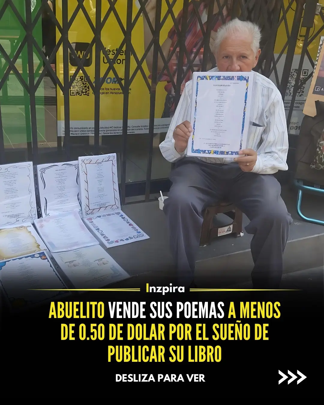 Andrés Santiesteban Salas tiene 79 años y es un amante de la poesía. Él desea publicar un libro. Este anhelo lo empuja todos los días a vender sus escritos a menor de 50 centimos de dolar la unidad. «Disfruto plasmando en palabras la realidad que me rodea y siempre agradezco a Dios por permitirme seguir contando historias. Quizás, alguna de ellas inspire o brinde refugio a alguien», expresó. . . #motivacion #inspiracion #inspira #mensaje #libros #literatura #amar