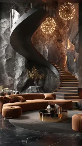 A charming spiral staircase in the heart of a dark Class A living room design by @artin.one . . . #darkluxury #modernhome #interiordesign #luxuryliving #homestyle #dark #housegoals #interior #design #darkinterior #homedecor #luxuryresidences #modern #stairs #designerhomes #designideas #luxurydesign #darkinteriors