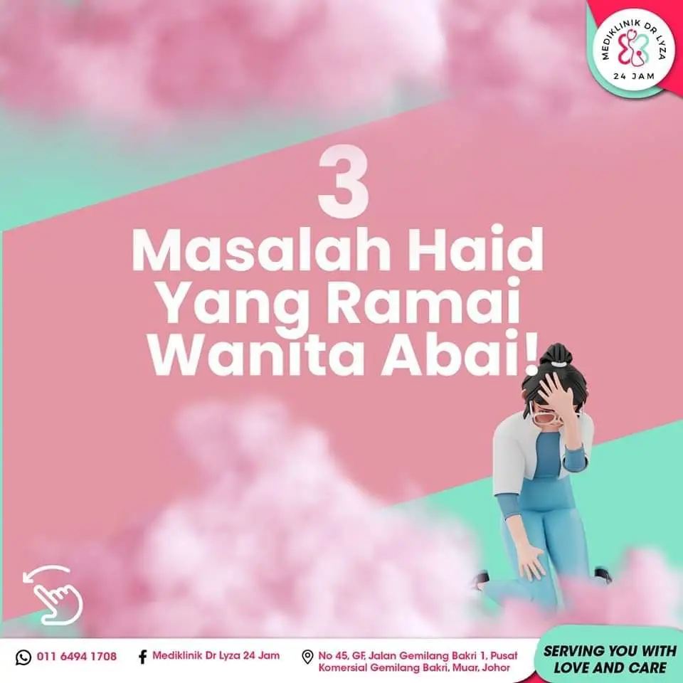 3 MASALAH HAID YANG RAMAI WANITA ABAI & TIDAK TAHU 😱 Mungkin pada sesetengah wanita perkara ini normal, tapi jika ragu-ragu adalah lebih baik berjumpa dengan doktor untuk kenal pasti. Apa 3 masalah haid itu? 🤔 ✅️Haid berpanjangan melebihi 7 hari ✅️ Pendarahan terlalu banyak sehinggakan perlu menukar tuala wanita dalam tempoh masa sejam ✅️ Haid tidak teratur atau haid yang jarang berlaku Jika anda ada sebarang pertanyaan atau perlukan khidmat nasihat dari Dr kami, boleh hubungi kami Mediklinik Dr Lyza 24 Jam 🤗 Mediklinik Lyza 24 Jam sedia membantu 😁💖 ============== 