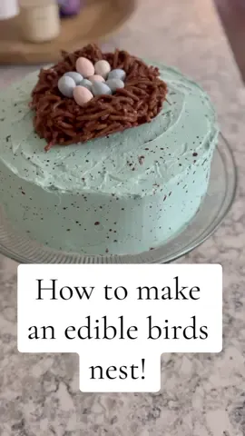 Yesterday I shared the sweetest Robin Egg Cake for my grandma’s birthday (go back one post to see❤️)…so today I’m sharing how to make the cute little birds nest cake topper!  If you would like the full recipe for the cake comment SPRING to get on our waitlist for our Spring e-book! The Robin Egg Cake & birds nest recipe I used will be included! It would be the perfect cake for Easter! To make the birds nest, you will need the following: 1 cup Chow Mein Noodles 1/3 cup chocolate chips 1/3 cup butterscotch chips 1 heaping tablespoon peanut butter @Cadbury USA milk chocolate eggs In a microwave safe mixing bowl, add chocolate chips, butterscotch chips and peanut butter. Heat in microwave for 1 min. Stir until smooth (add more time if needed). Immediately add in chow mein noodles. Turn mixture out onto parchment paper and use a separate piece of parchment or ziplock bag to form into neat shape, forming a small well in the top for eggs. Add the eggs as desired and allow the chocolate nest to set up before adding to the cake. You can put in the fridge to help speed the process if needed! Add the nest to the top of your cake and enjoy! 🪺 Happy Baking, friends! Be sure to save, share and follow along for more spring recipe ideas❤️ #edwardsfarmstead #springbaking #ediblebirdsnest #birdsnestcake #robineggcake #BakeWithMe #bhghome #bhgfood #fyp #foryou 