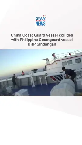 WATCH: China Coast Guard vessel collides with Philippine Coastguard vessel BRP Sindangan as it tried to block the resupply ship, Unaizah May 4 from reaching Ayungin Shoal where BRP Sierra Madre, a naval post is stationed.  If not for the quick action of PCG personnel in putting up fenders, bigger damage could have occurred.  The collision comes during several dangerous maneuvers of the China Coast Guard that includes crossing the bow of Sindangan and coming dangerously close to it. | via @Joseph Thaddeus Morong / GMA Integrated News #GMAIntegratedNews #SocialNewsPH