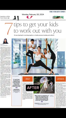 It’s been almost three wonderful years with PURE @pureyogasingapore, and thanks to my amazing company I was featured on Straits Times @straits_times on Life section sharing how to work out with kids. I am super grateful to my company who made me come where I am and the yoga journey with my kids have been so rewarding and inspiring! I’ve seen tremendous growth by working out together with them and find immense joy in my life.  Below are the brief tips of how to exercise with kids written by Venessa Lee, the senior correspondent of The Straits Times. And for the full article, you can subscribe to the Strait Times. Happy Monday everyone 😍🙏🏻 Don’t call it exercise: 7 tips to get kids to work out with their parents Venessa Lee Senior Correspondent The Straits Times 1. Make it an adventure 2. Make use of the spaces around you 3. Don’t be afraid to fall 4. Have an exercise-friendly environment 5. Be sports fans together 6. Let kids set their own goals 7. Take up exercise classes together Skye and I are wearing @andar_sg 🖤🤍 . . . . #yogasingapore #yogafamily #yoga #familyyoga #sgfitfam #yogaworkout #kidsyoga #sgfamily #yogalove #yogakids #singaporelife #yogateacher #yogatogether #sgfitness #yogamom #sgtiktok #thestraitstimes 