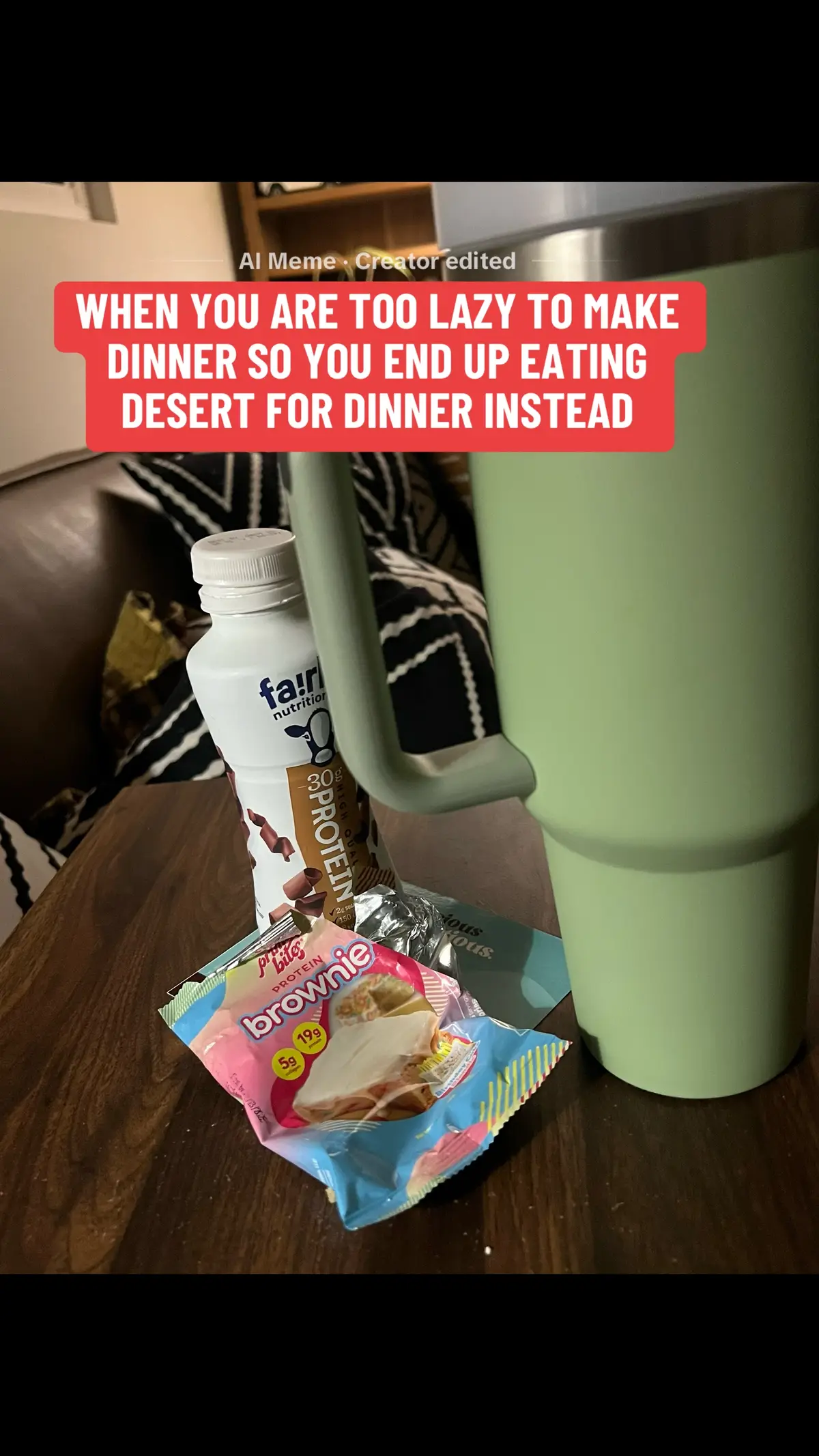Protein Shake & a Protein Brownie. I just didnt feel like cooking tonight. Its just one of those nights #live2lovekim #lazynightdinner #desertfordinner #proteinbrownie 