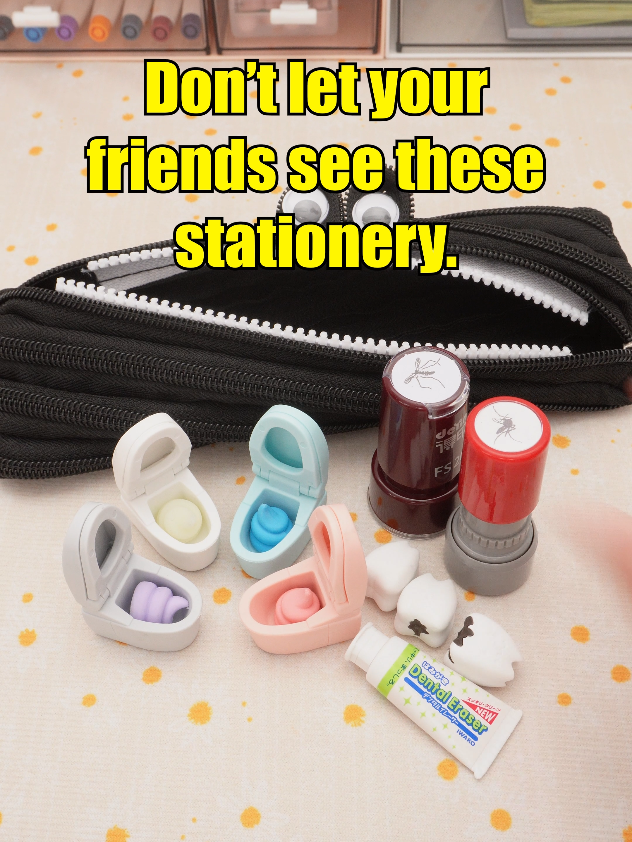 Don't let your friends see these stationery. 🔎Iwako Dental Eraser🔎Iwako Toilet Eraser 🔎Alive Mosquito Pattern Stamp🔎Dead Mosquito Pattern Stamp 🔎Zipper Pen Pouch - Black #capcut #stationerypal  #stationery  #fyp