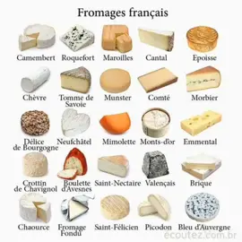 الجبن بالفرنسية  Fromages français. Camembert. Roquefort. Maroilles. Cantal. Epoisse. Chèvre. Tomme de Savoie.Munster. Comté. Morbier Délice de Bourgogne. Neufchâtel. Mimolette. Monts-d'or. Emmental. Crottin de Chavignol. Boulette d'Avesnes. Saint-Nectaire. Valençais. Brique.   Chaource. Fromage Fondu. Saint-Félicien. Picodon. Bleu d'Auvergne. #apprendre #apprendresurtiktok #learn_french #الفرنسية_بسهولة #تعلم_اللغة_الفرنسية #apprendre_le_français #frenchlesson 