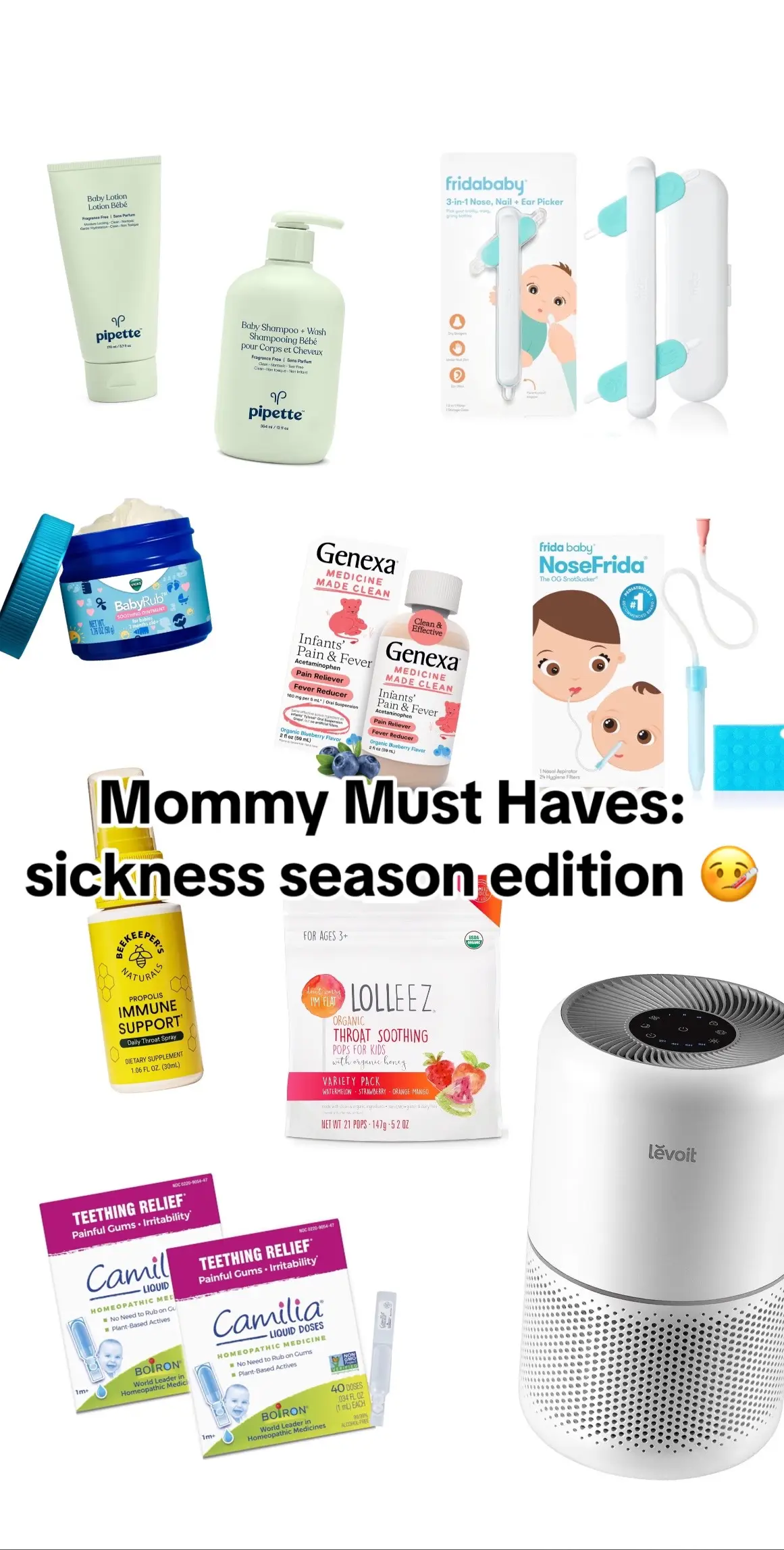 Holy grail mommy products in our home 🤌🏻💋 not sponsored these are just such good things to have for new moms and babies, great things to add to a registry! @Pipette @Levoit_official @@Frida Baby@@Genexa@@Beekeeper’s Naturals##sahm##MomsofTikTok##momlife##postpartum##baby##musthaves##registrymusthaves##babymusthaves##crunchymom##sickbaby##notsponsored