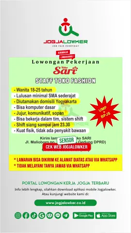 Info loker Jogja terbaru hari ini untuk posisi: STAFF TOKO FASHION Yuk cus buruan lamar 🤗 Share & ajak temenmu untuk bekerja 😁 Download aplikasi mobile Jogjalowker di Play Store / App Store untuk akses lebih mudah dan cepat (link di bio) 😍 #jogjalowker #loker #lowongankerjajogja #lokerjogja #lokersleman #lokerbantul #lokeryogyakarta #lokergunungkidul #lokerkulonprogo #lokerjogjaterbaru #jobfaireveryday