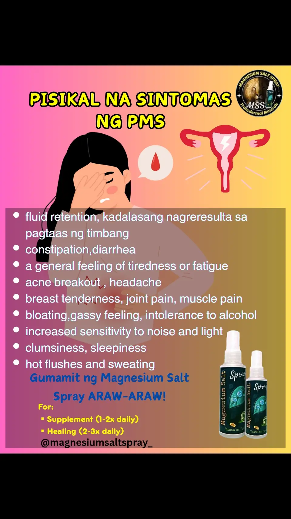 Ano nga ba ang MAGNESIUM SALT SPRAY? Ang MSS minerals ang content nya, pangunahin ang MAGNESIUM. Kaya po tayo nakakaranas ng ibat-ibang karamdaman dahil sa kakulangan ng mga minerals lalo na ang magnesium. Kapag naibigay natin ito araw2x sa katawan,kusa na pong mag-re-repair ang katawan o ma-aactivate na ang natural healing mechanism nito. #MSS #MAGNESIUMsaltSPRAY #NATURALnaPANLUNAS #magnesiumdeficiency #magnesiumbenefits #naturalnapanlunasadvocate #minerals #allinone  #transdermalmineralsupplement #amazing #health #miraclespray #pms 